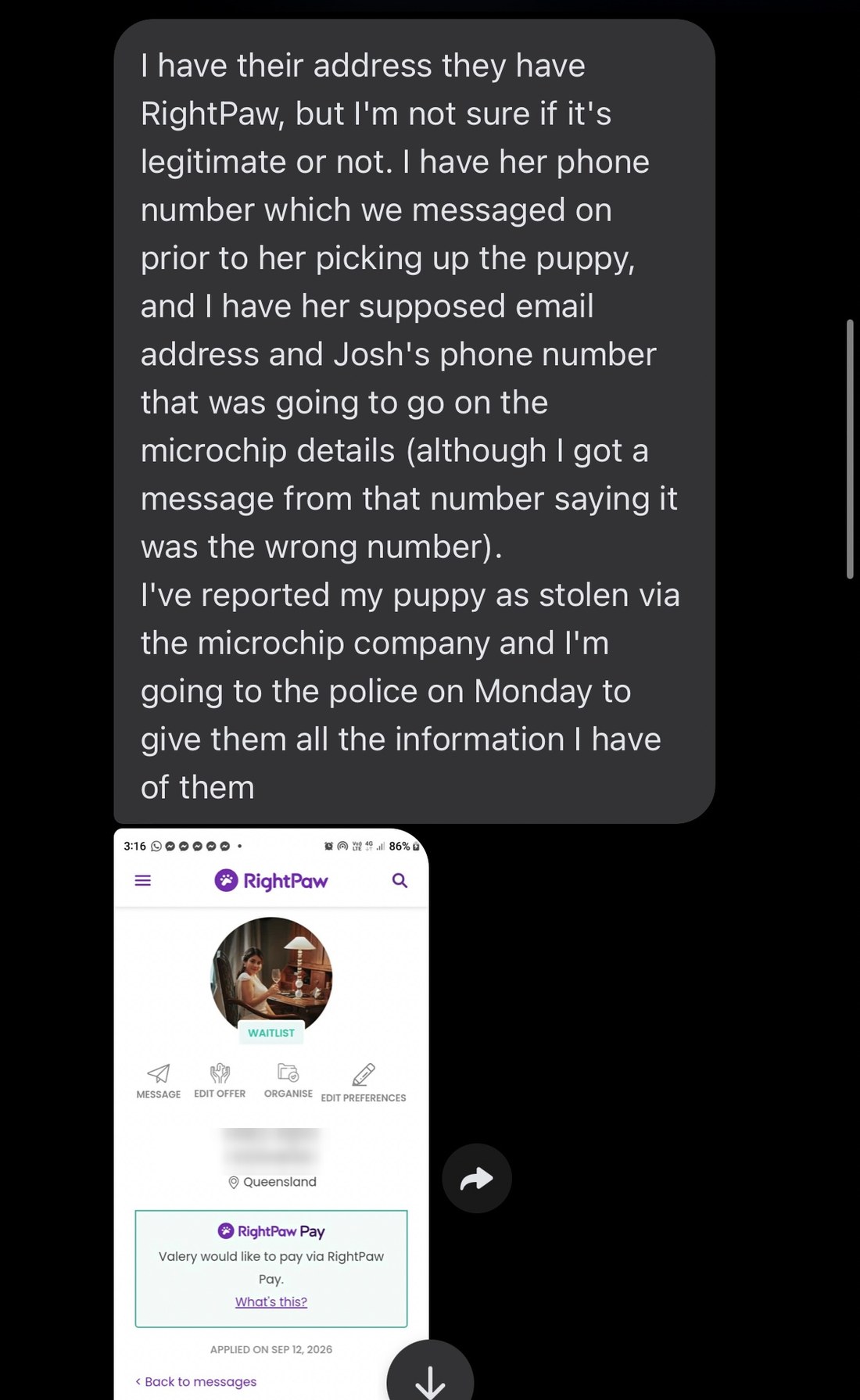 The breeder's message and the buyer's RightPaw profile. The phone number is covered