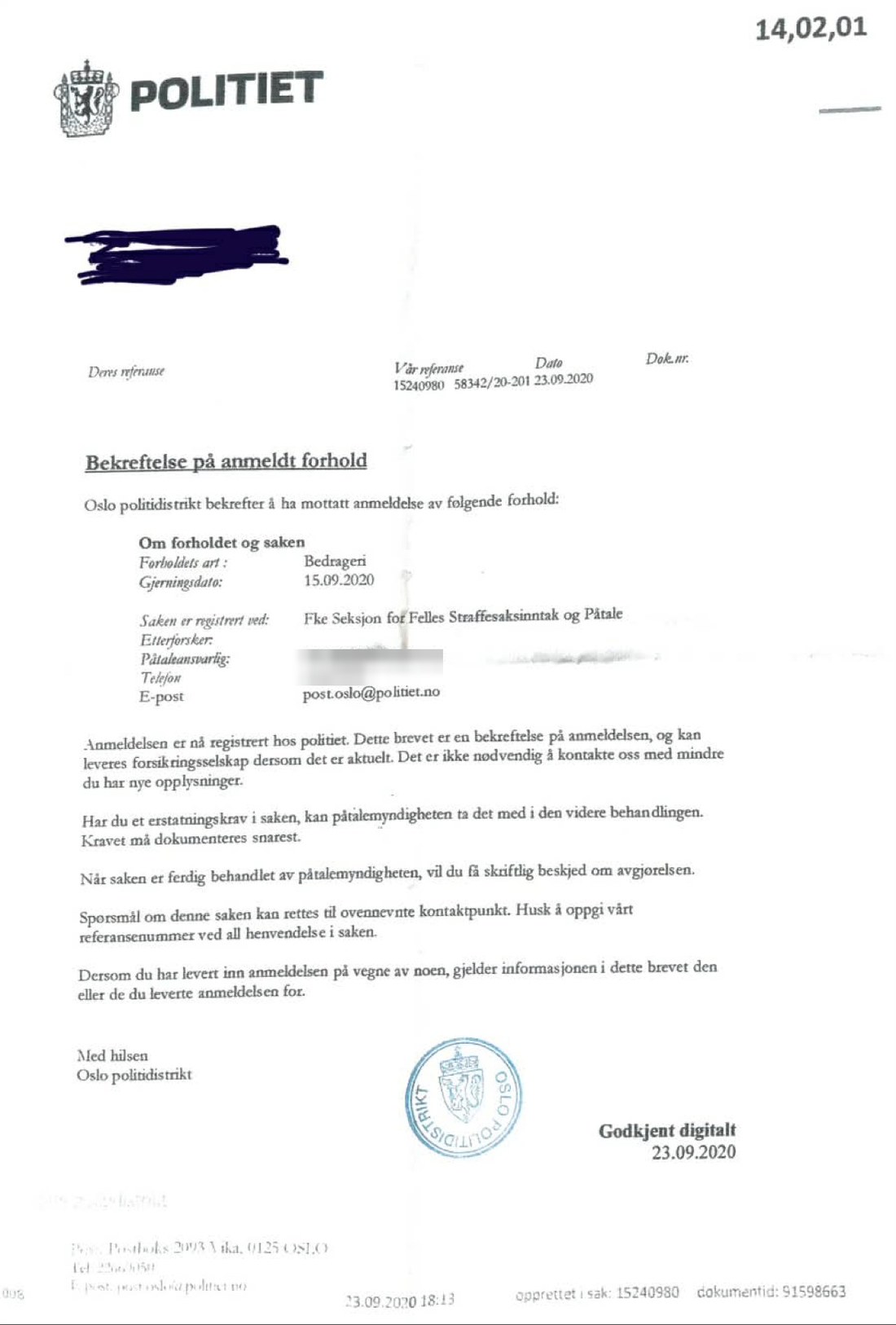 Oslo Police District confirmation of a fraud report, offence date 15 September 2020, dated 23 September 2020. Names are covered