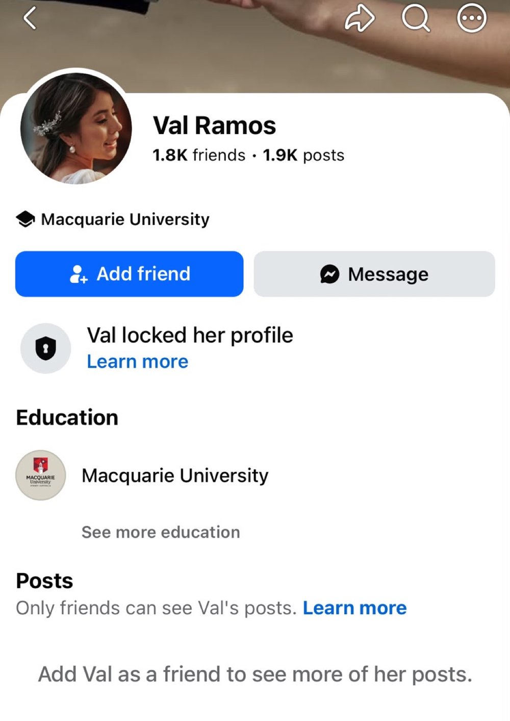 Facebook profile screenshot for Val Ramos: locked profile, Macquarie University listed